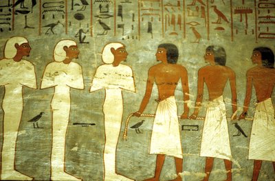 古代エジプト、絵画、ラメセス1世の墓、ミイラ状の三神、太陽船を曳く三神 作： School Egyptian