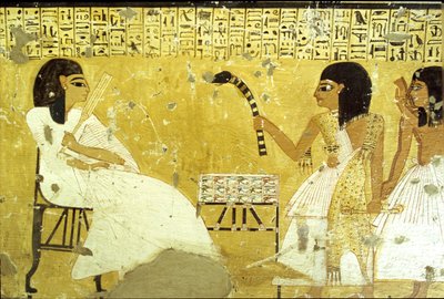 古代エジプト、インヘルクハウの墓、テーベ、神官の務めを果たす息子たちの前のインヘルクハウ、ヒョウの皮を被っている、壁画、貴族の谷、第20王朝（写真） 作： School Egyptian