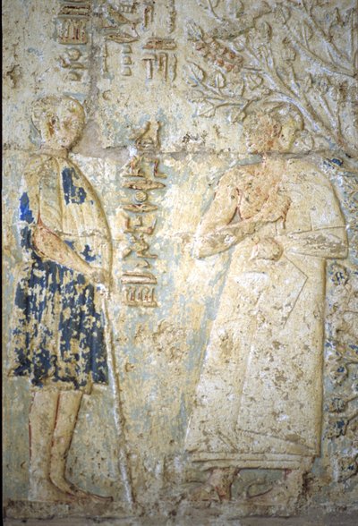 古代エジプト、壁の彫刻／絵画、ペトシリスの墓、トゥナ・エル・ゲベル、紀元前300年、ペトシリスとその妻（写真） 作： School Egyptian