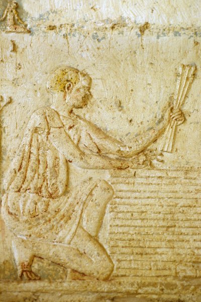 古代エジプト、壁の彫刻／絵画、ペトシリスの墓、トゥナ・エル・ゲベル、紀元前300年、亜麻の収穫（写真） 作： School Egyptian