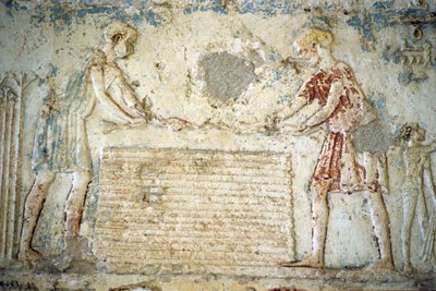 古代エジプト、壁の彫刻／絵画、ペトシリスの墓、トゥナ・エル・ゲベル、紀元前300年、亜麻の収穫（写真） 作： School Egyptian
