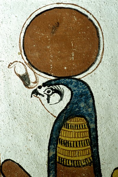 古代エジプト、壁画、ホルス、太陽神、太陽のシンボル、セネデムの墓、テーベ、デイル・エル・メディナ 作： School Egyptian