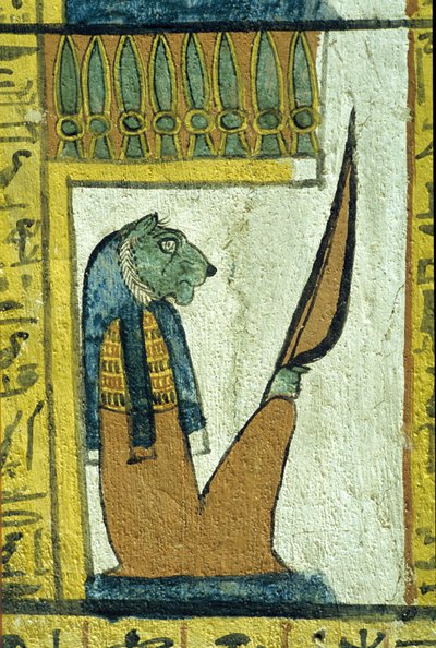 古代エジプト、壁画、獅子頭の冥界神、セネデムの墓、テーベ、デイル・エル・メディナ 作： School Egyptian
