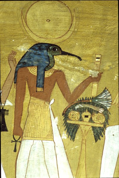古代エジプト、壁画 インヘルクハウの墓、テーベ、オシリスに故人を紹介するトト神、第20王朝、月の円盤を持つトキ頭の神（写真） 作： School Egyptian