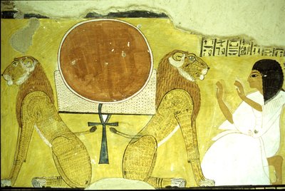 古代エジプト、壁画 インヘルクハウの墓、テーベ、今日と明日の守護者である2頭のライオンを慕うインヘルクハウ、第20王朝時代（写真） 作： School Egyptian