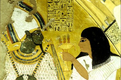 古代エジプト、壁画 インヘルクハウの墓、テーベ、貴族の墓、第20王朝、オシリスに供物を捧げるインヘルクハウ（写真） 作： School Egyptian