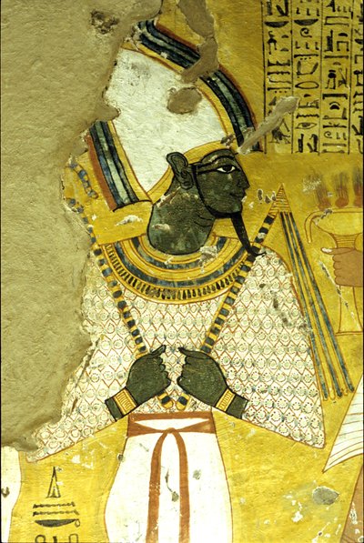 古代エジプト、壁画 インヘルクハウの墓、テーベ、貴族の墓、第20王朝、死後の世界の神オシリス（写真） 作： School Egyptian