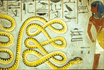 古代エジプト、壁画、ラメセス1世の墓、王家の谷、冥界の蛇神を殺すラメセス1世 作： School Egyptian