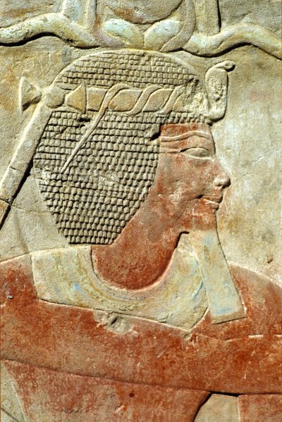 古代エジプト、壁画／彫刻、アテフ王冠をかぶったファラオ、カルナック神殿、ルクソール（写真） 作： School Egyptian