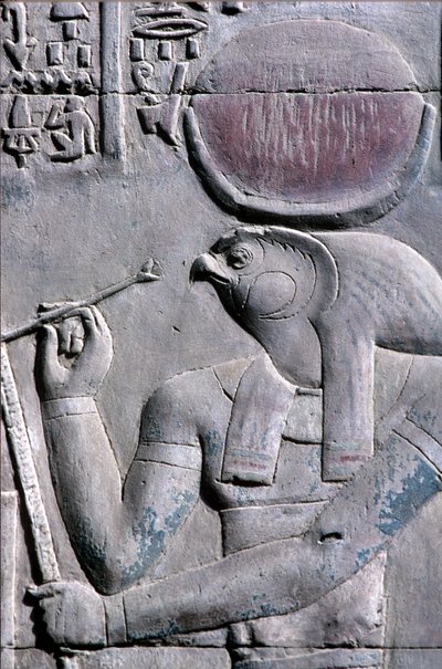 古代エジプト、壁画／彫刻、パピルスの巻物に書かれたホルス、セベクとホルスの神殿、コムオンボ（写真） 作： School Egyptian