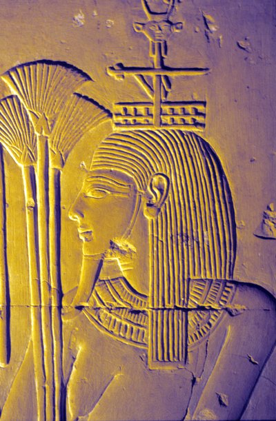 古代エジプト、壁絵／彫刻、蓮の花を捧げるナイル神、セティ1世神殿、アビドス 作： School Egyptian