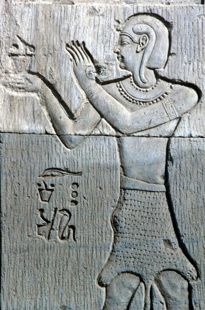 古代エジプト、壁絵／彫刻、ヒョウの皮を被り線香を捧げる神官、セベクとホルスの神殿 コムオンボ（写真） 作： School Egyptian
