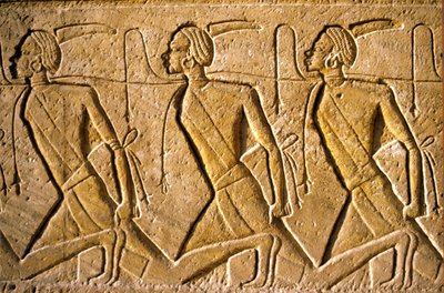 古代エジプト、壁画／彫刻、ラメセス2世に敗れたクシテ人（アフリカ人として描かれている）を表す囚人の列、ラメセス2世神殿、アブシンベル 作： School Egyptian