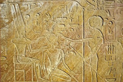 古代エジプト、ルクソール、カルナック神殿、アモン・ラーとハトシェプストに対応するサフメト、壁画／彫刻 作： School Egyptian
