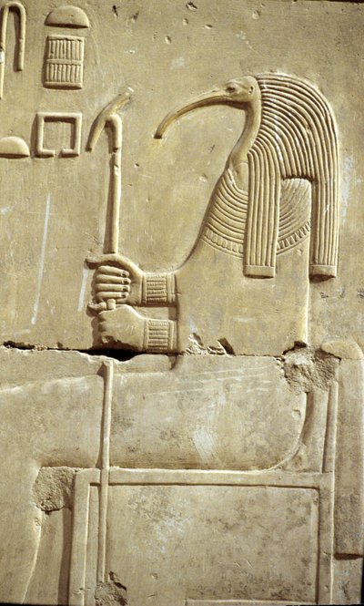 古代エジプト、壁画／彫刻、トト神、セティ1世神殿、アビドス 作： School Egyptian