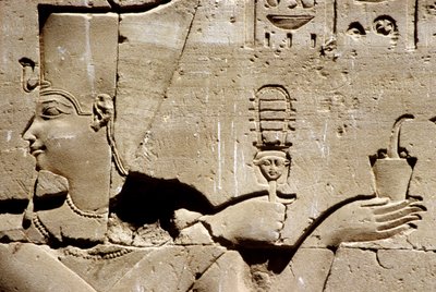 古代エジプト、壁絵／彫刻、シストラムを振り、線香を捧げるファラオ、エドフ、ホルス神殿（写真） 作： School Egyptian