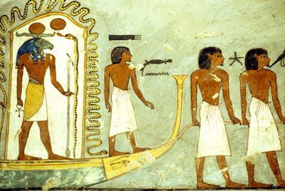 古代エジプト、壁画／彫刻、人に引かれて進む冥府の舟、ラメセス1世の墓、テーベ 作： School Egyptian