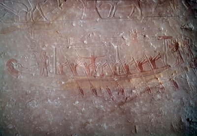 古代エジプト：紀元前2300年頃、アケテプのマスタバ礼拝堂にあったカヌーを表す石灰岩のレリーフ。第5王朝。旧帝国。サッカラ（Sakkara）から。パリ、ルーブル美術館 作： School Egyptian