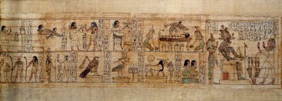 古代エジプト美術 神話パピルスのセリメン。上：セリメンはアビドスの街で、その紋章で表されるオシリス神を愛している。鳥の形をした死者の魂が、女神イシス（左）とネフティス（右）に見守られながら、彼のミイラの上を飛んでいる。 作： School Egyptian