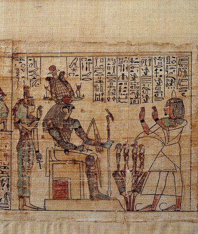 古代エジプトのアート。神話に登場するセリメンのパピルス。セリメンがプタ・ソーカル・オシリス神とイシスの前で礼拝している様子が描かれています。第21王朝（約1069〜945年）、第三中間期（約1069〜664年）の写本。絵画。 作： School Egyptian
