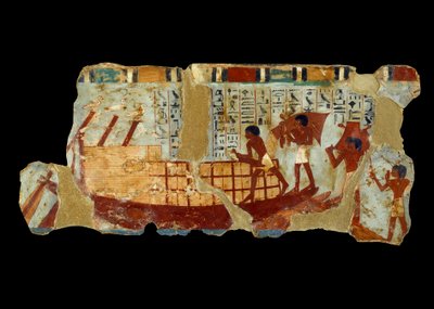 古代エジプト美術：オウノウの墓（紀元前1450年）のシルトに描かれた船の絵に穀物を積み込む。 作： School Egyptian