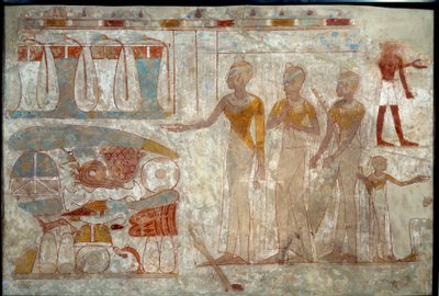 古代エジプト美術：宴席の音楽家たち。シルトに描かれた絵画（紀元前1400年頃）。 作： School Egyptian