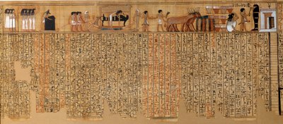 エジプトの古代史死者の書、ネブケドのパピルス。紀元前1400〜1350年頃。第18王朝の時代。テーベから。日 6,3 m パリ、ルーヴル美術館 作： School Egyptian
