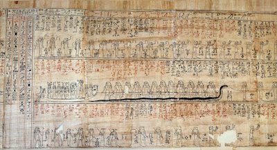 エジプトの古代。パピルスは「秘境の書」から取っています。この書物は、夜の12時間の間の太陽の地下の旅をコメントで表現したものである。最初に王家の墓の壁に描かれ、その後、王家の墓に書き写された。 作： School Egyptian