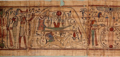 エジプト古代の宇宙のアレゴリー：ゲブ、ヌウト、ネフティス、オシリスと一緒に宇宙論を表す穀物の書記をしていたネスカパシュウティの神話パピルス。紀元前1070〜664年。第21王朝。日 2,7x0,27 m パリ、ルーヴル美術館 作： School Egyptian
