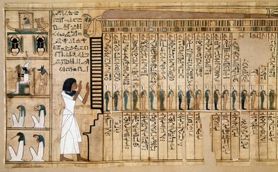 エジプトの古代史：死者の書の断片、ネブケドのパピルス。死者が後宮に到着する様子を表すディテール。第18王朝。紀元前1400-1350年。パリ、ルーヴル美術館-古代エジプト：死者の書の断片、ネブケドのパピルス 作： School Egyptian