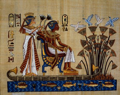 エジプトの古代性"パピルスに描かれたファラオとその妻」 パピルス、新帝国 作： School Egyptian