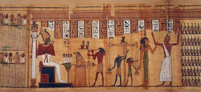 エジプトの古代史：魂の計量、アモンの天文学者の上司であるチャハピイモウの死者の書のパピルス。プトレマイオス朝（紀元前332〜30年） 紀元前500〜100年頃 パリ、ルーヴル美術館 作： School Egyptian