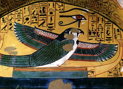 ルクソール～テーベ：ナイル左岸。Deir el Medineh：職人のネクロポリス。セネデムの墓。第18王朝。ホルス神の表現。 作： School Egyptian