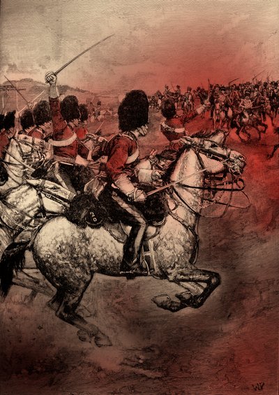 重旅団の突撃、クリミア戦争、「カッセルのイングランド史」より（カラー版画） 作： School English