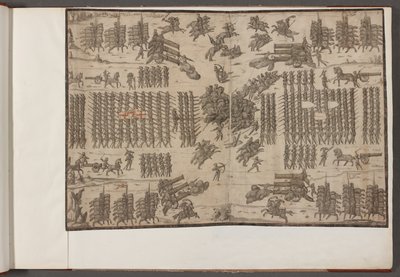 コットン アウグストゥス III、f.1 戦い。 編成中の軍隊。   軍隊、兵士、馬と馬具、およびその他の軍事シーンの図。  1500-1650 作： School English