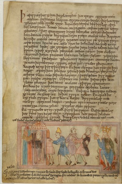 Cotton Claudius B. IV、f.58v アングロサクソンの正義を示すシーン、（ベラム）のイラスト 作： School English
