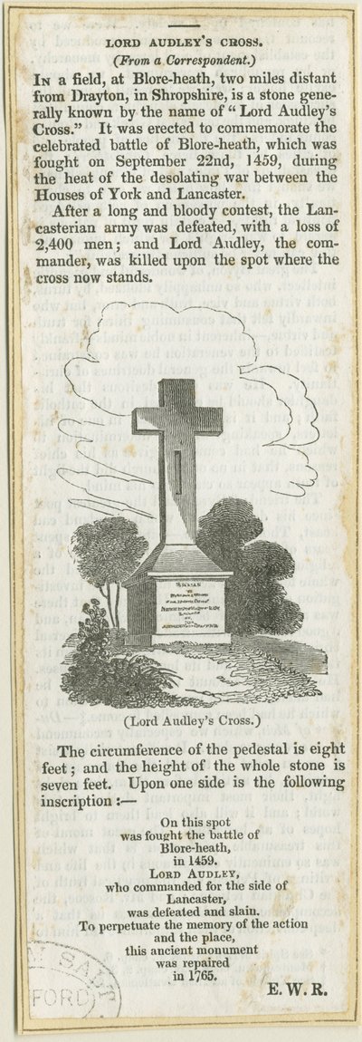 Drayton-in-Hales-&39;Audley Cross on Blore Heath &39;：木版画、nd [？19th cent]（印刷） 作： School English