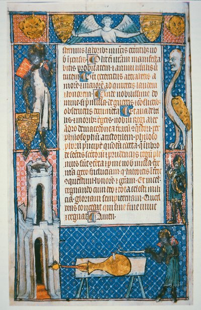 ウォルター・ド・マイルメテの「De Notabilitatibus, Sapientiis et Prudentiis Regum」に掲載された最古の年代の銃の絵のファクシミリ。 作： School English