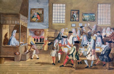 ロンドンのコーヒー・ハウスの内部、1650-1750年頃、水彩、紙 作： School English