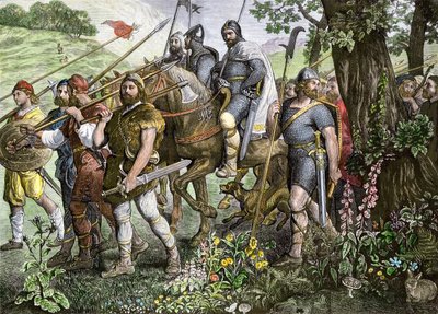 1066年のノルマン侵攻の際、イングランドを守るために出陣するケント人の男たち（カラー版画） 作： School English