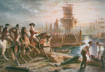 1776年3月、イギリス軍のボストン避難を指揮するハウ卿（カラー図版 作： School English