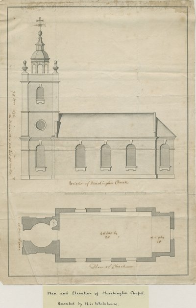 Marchington Church - Exterior Elevation and Interior Plan: pen drawing, nd [?mid 18 cent] (drawing) 作： School English