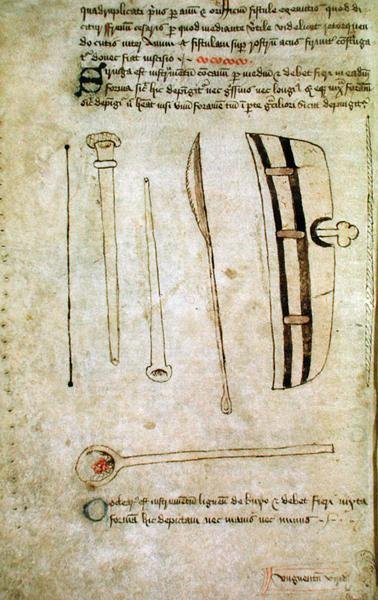 Ms Hunter 112 f.44v （1349-1450年頃、John Arderne作「Speculum Phlebotomiae」より）（ベラムにペン・インク 作： School English