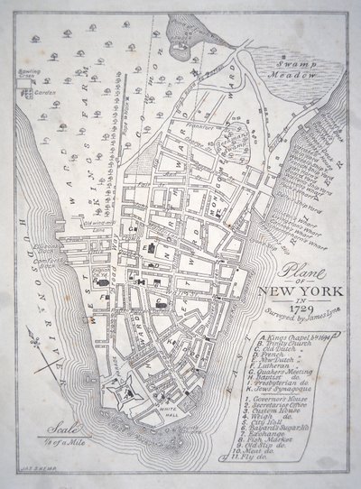 1729年のニューヨークの平面図（リトグラフ 作： School English