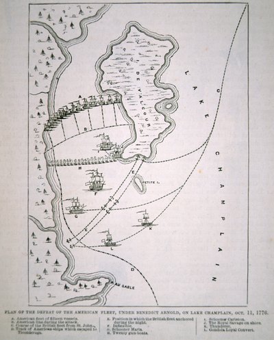 シャンプラン湖におけるアメリカ艦隊の敗北の図（リトグラフ） 作： School English