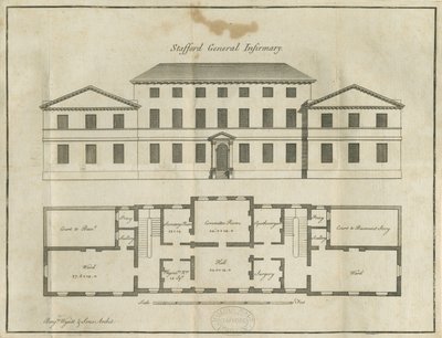 スタッフォード-カウンティ・ジェネラル・インファーマリー：ペン画、nd［18世紀後半］（図面 作： School English