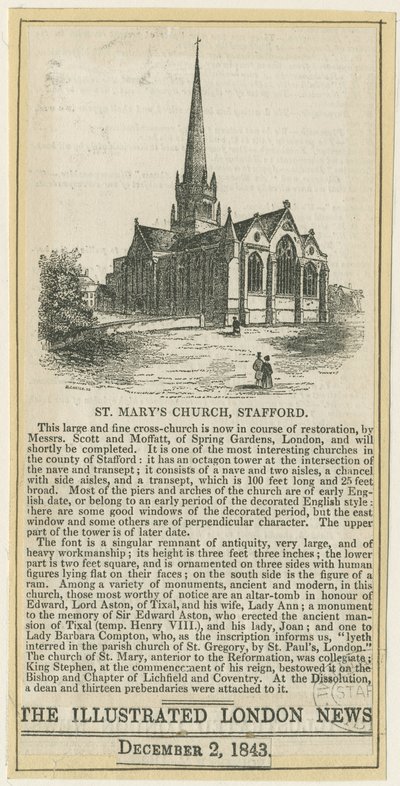 スタッフォード-聖マリー教会：木版画、nd [c 1843]（印刷） 作： School English