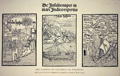 1494年にバーゼルで出版された同時代のパンフレットに掲載されたコロンブスのエスパーニョーラ上陸の様子（リトグラフ） 作： School English