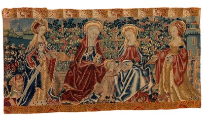 聖母子と2人の聖女が付き添う聖アンナが描かれた祭壇前面のタペストリー、15世紀後半から16世紀初頭（ウール＆シルク） 作： School European