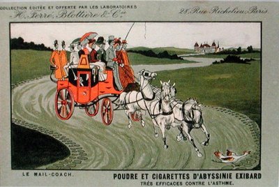 郵便馬車が描かれ、タバコとタバコが喘息に効果的であることが記載されたタバコブランド「Exibard」の広告（カラーリトグラフ） 作： School French